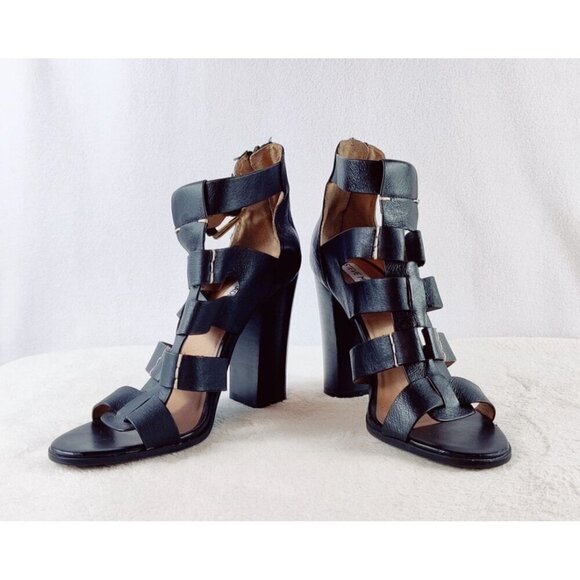 Steve Madden Black Leather Gladiator Sandal Stacked 4" Black Heel Sexy Size 7.5 - Picture 4 of 10